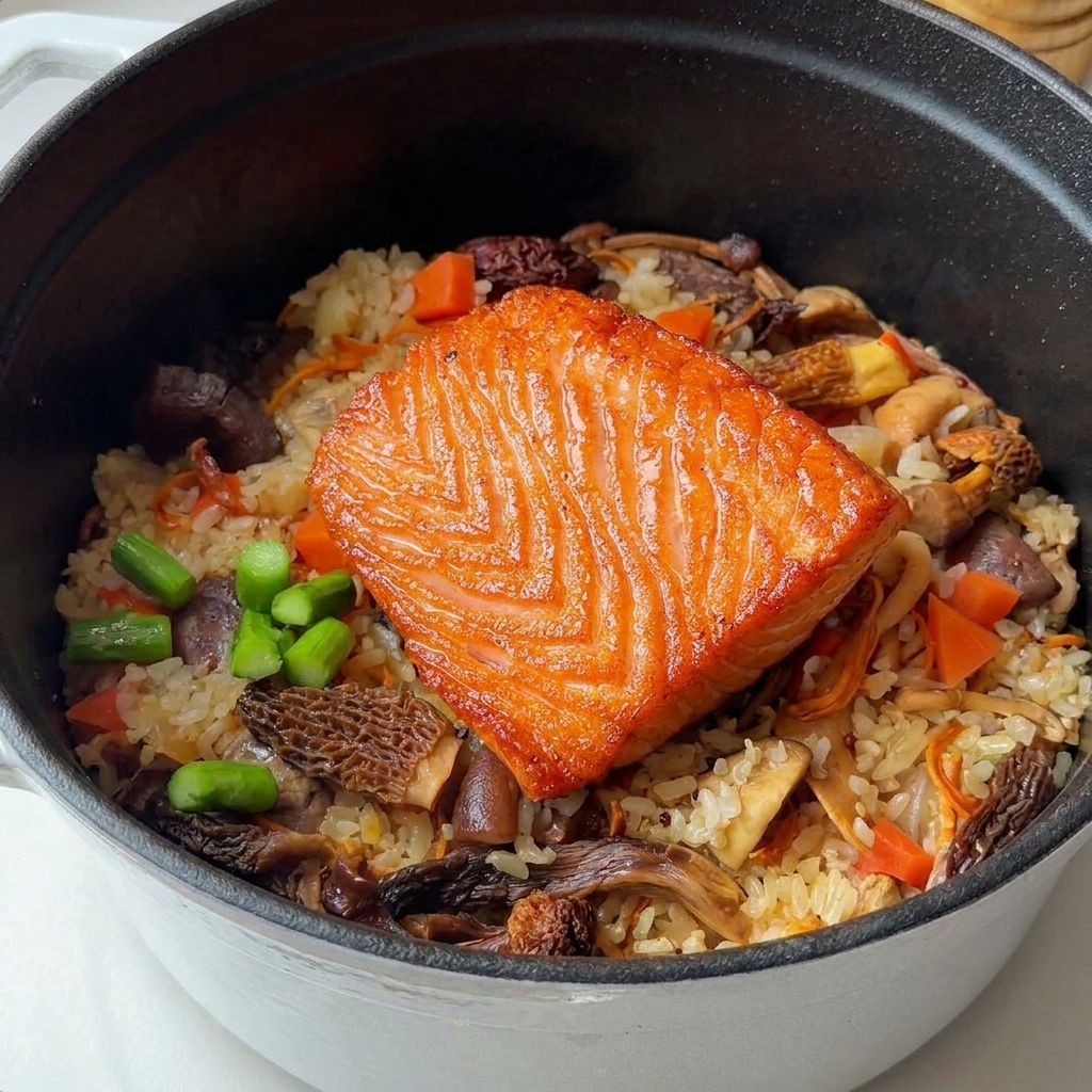 A cooked salmon fillet placed in the center of a rice and mushroom pot with bright green asparagus pieces garnished on the side.