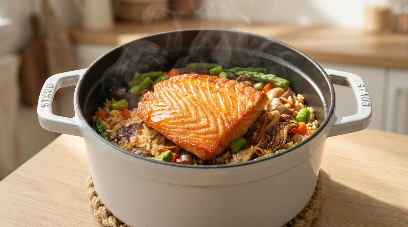 Salmon, Mushroom, and Asparagus Rice with Quinoa