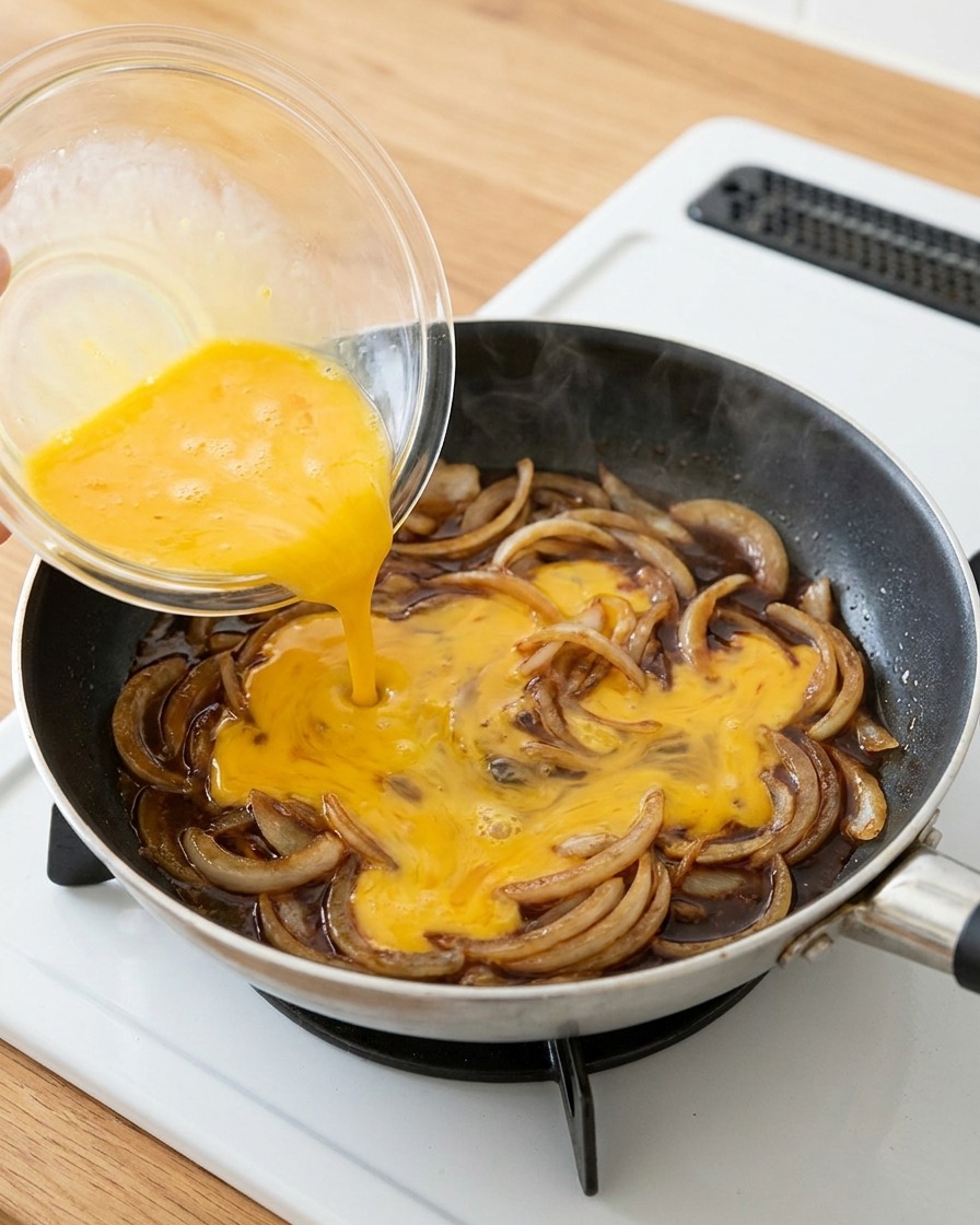 Beaten yellow eggs being poured from a clear glass bowl over a bed of sauteed onions coated in dark sauce in a pan