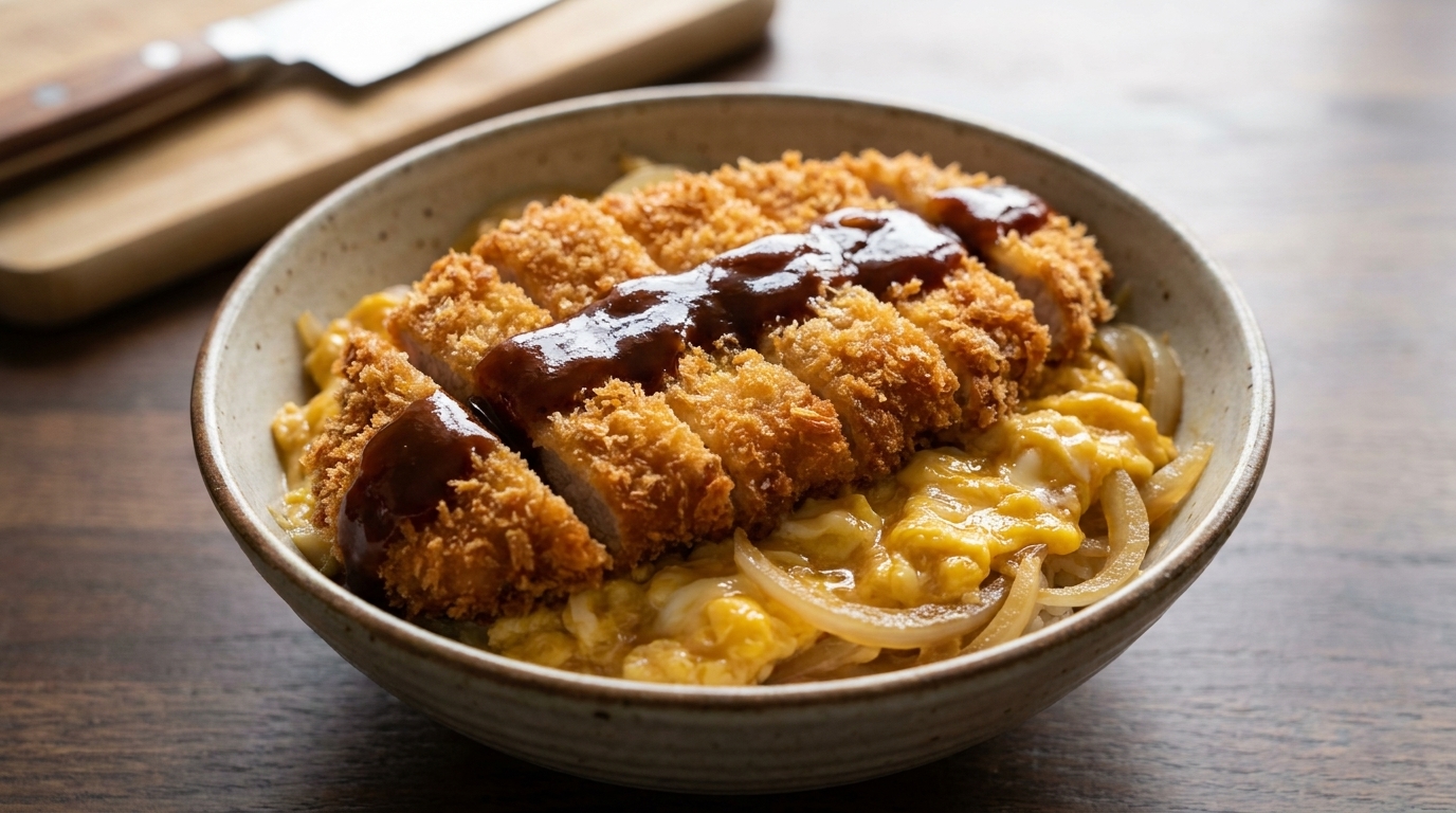 Golden brown Tonkatsu sliced over a bed of soft scrambled eggs and onions finished with a glossy glaze
