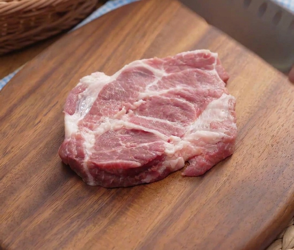 A raw slab of pork plum meat being hit with the back of a chef knife on a wooden surface.