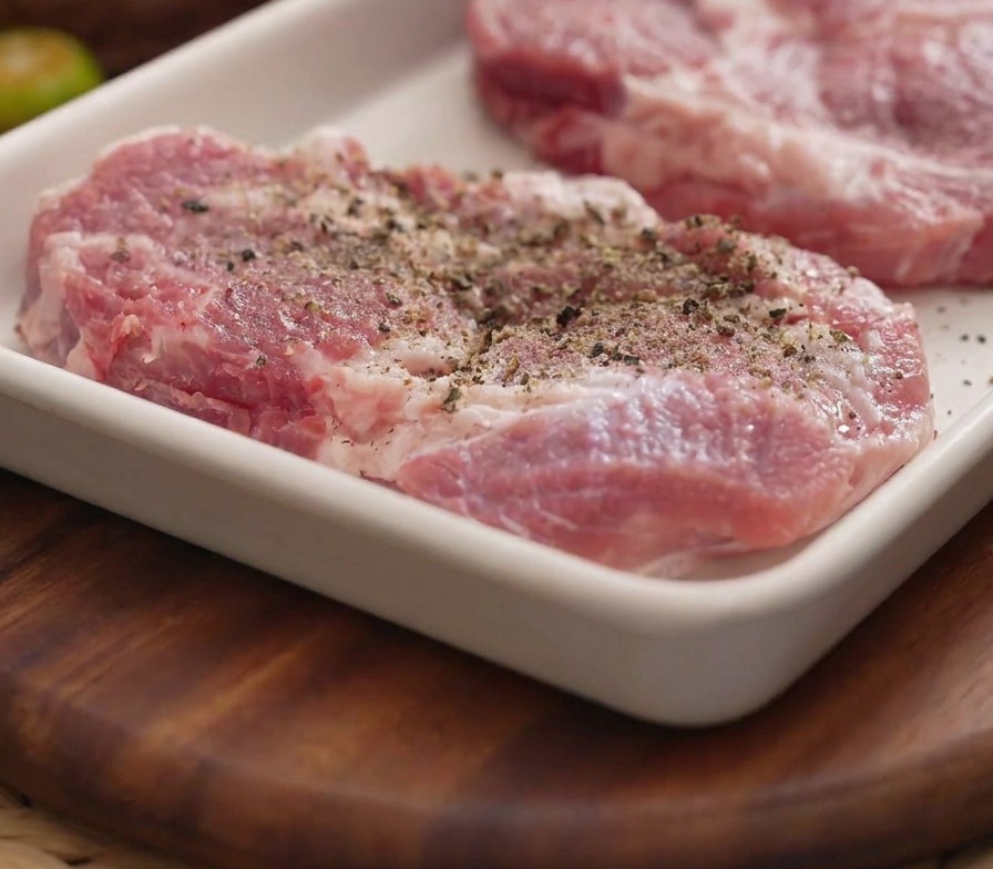 Fresh black pepper being ground directly onto raw, tenderized pork chops in a white rectangular tray.