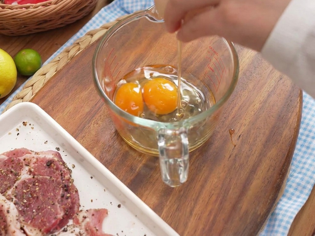 A person cracking eggs into a glass measuring cup on a wooden board next to kitchen tools.