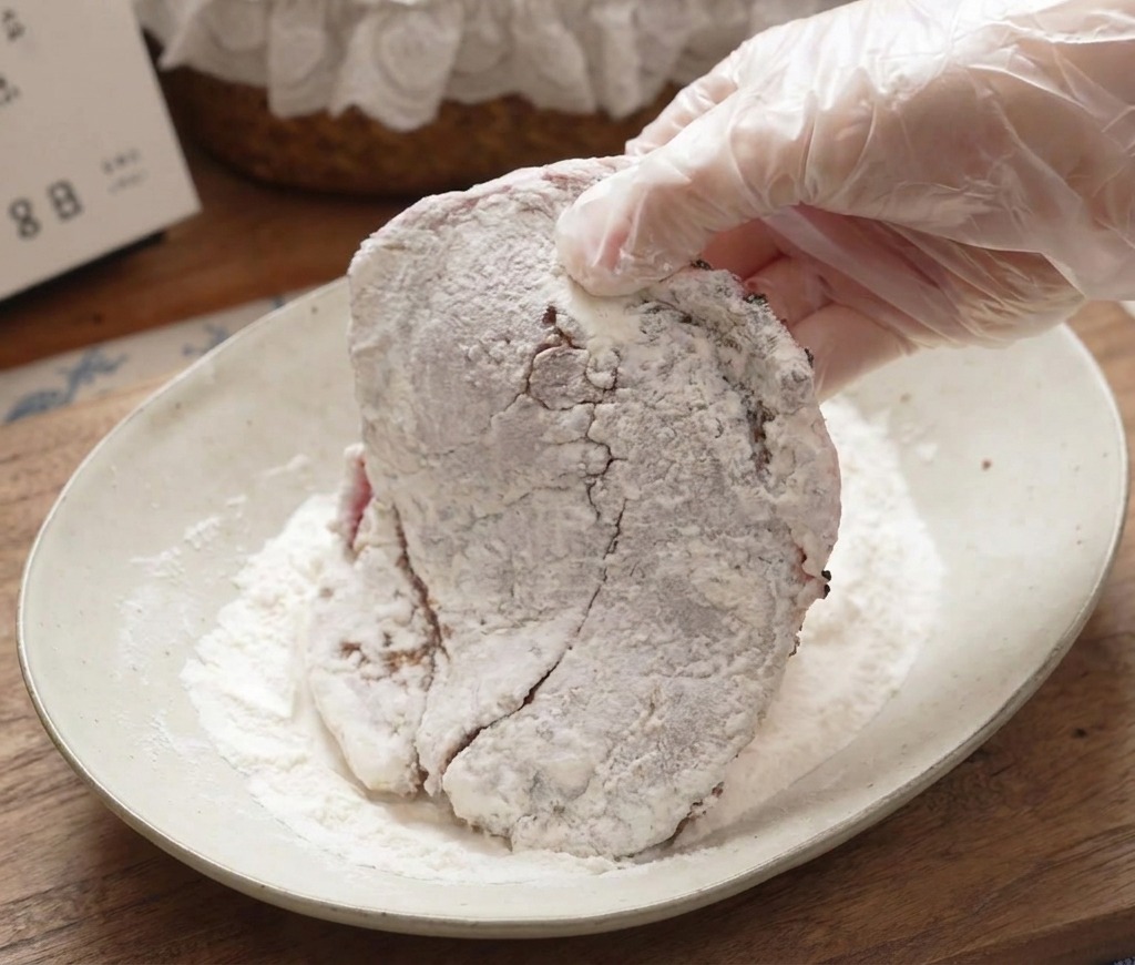 A hand in a plastic glove dredging a seasoned pork chop in a plate of white flour.