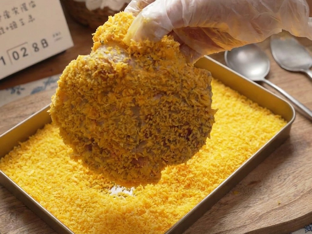 A pork chop being firmly pressed into a tray of vibrant golden breadcrumbs to create a thick crust.