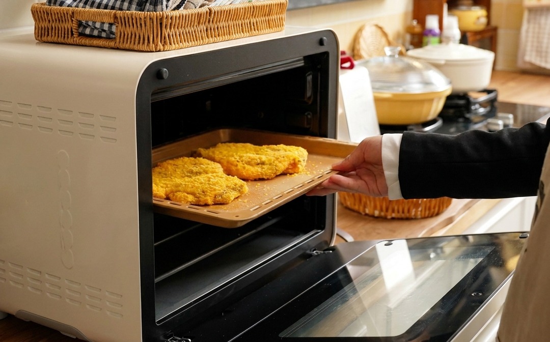 A person sliding a tray containing breaded pork cutlets into a cream-colored toaster oven in a cozy kitchen setting.