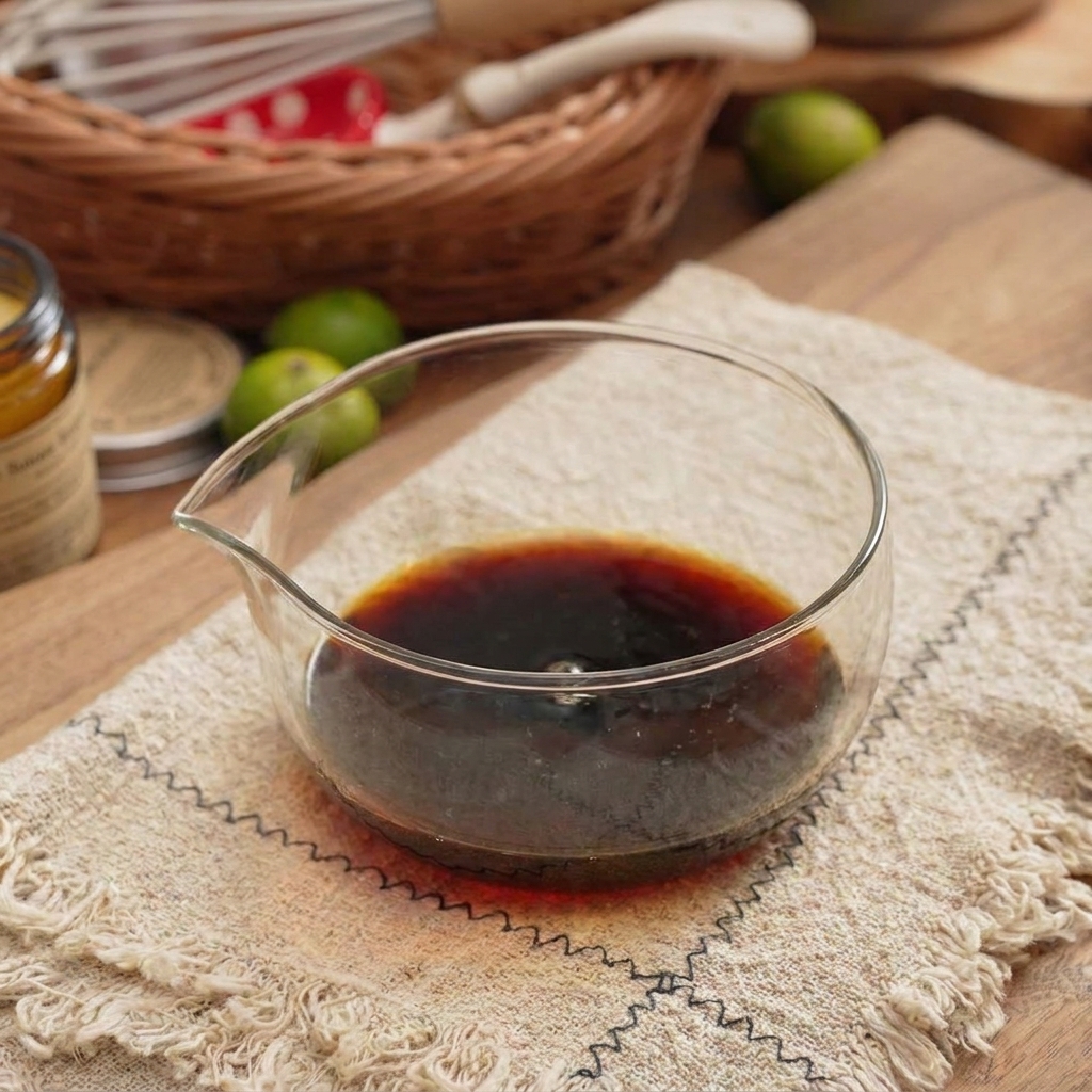 A dark, soy-based sauce mixture inside a clear glass pouring bowl resting on a beige linen cloth.