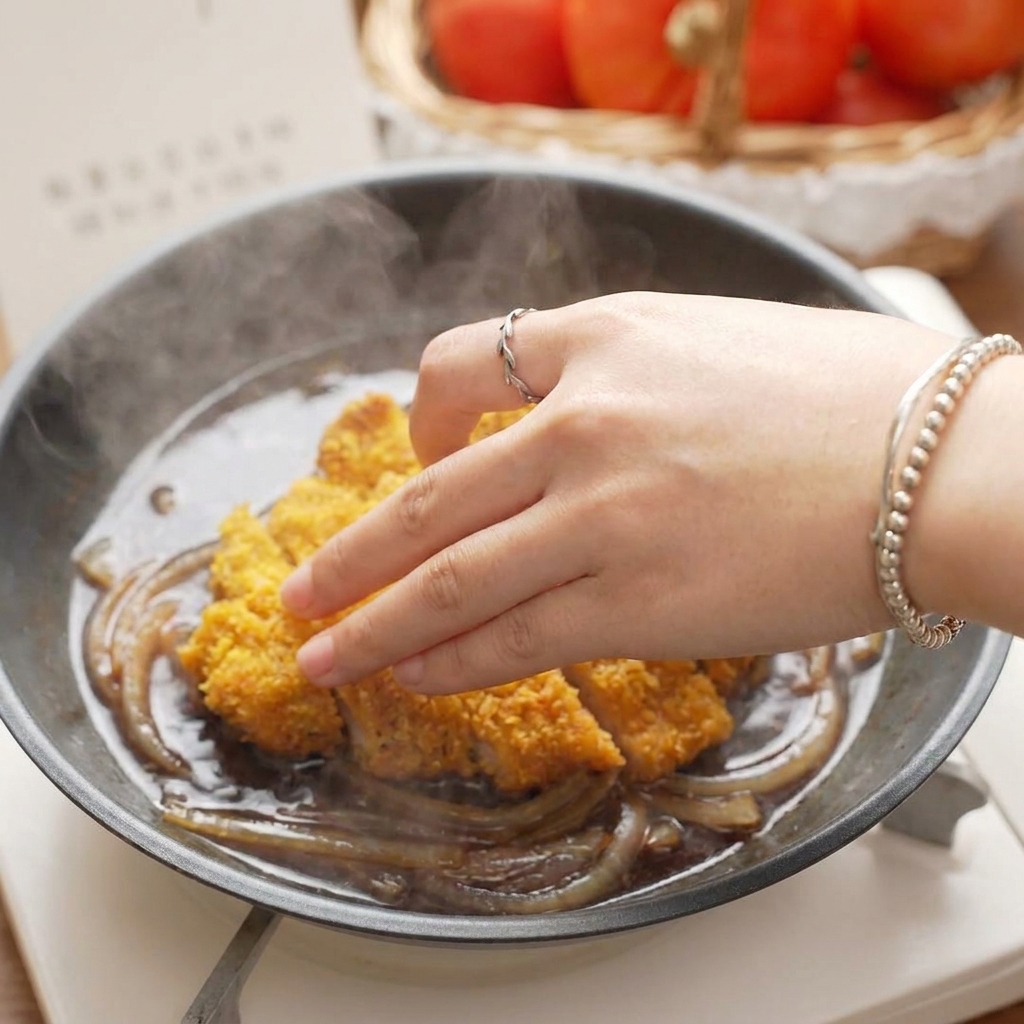 A person placing crispy, sliced pork katsu onto a bed of simmering red onions in a black pan.