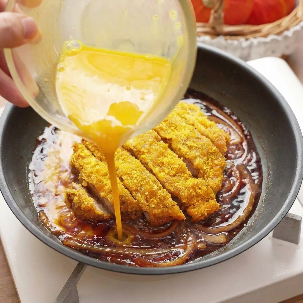 Yellow whisked egg wash being poured from a bowl into a simmering pan around a golden pork cutlet.