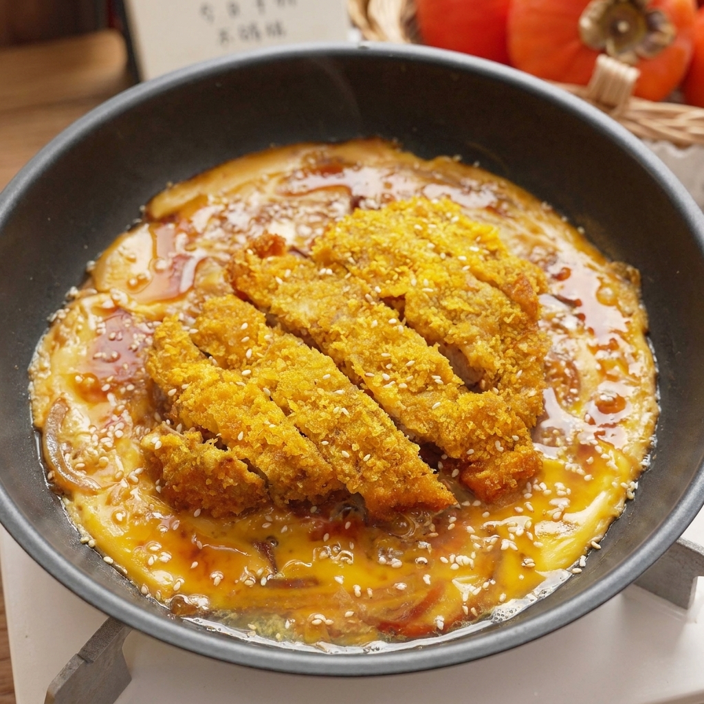 The finished pork cutlet and egg dish in the pan, topped with white sesame seeds and simmering in a rich sauce.