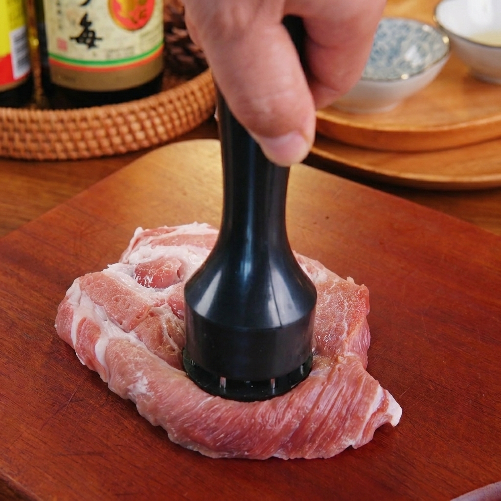 A hand using a black meat tenderizer to pound a piece of raw marbled pork on a wooden board.