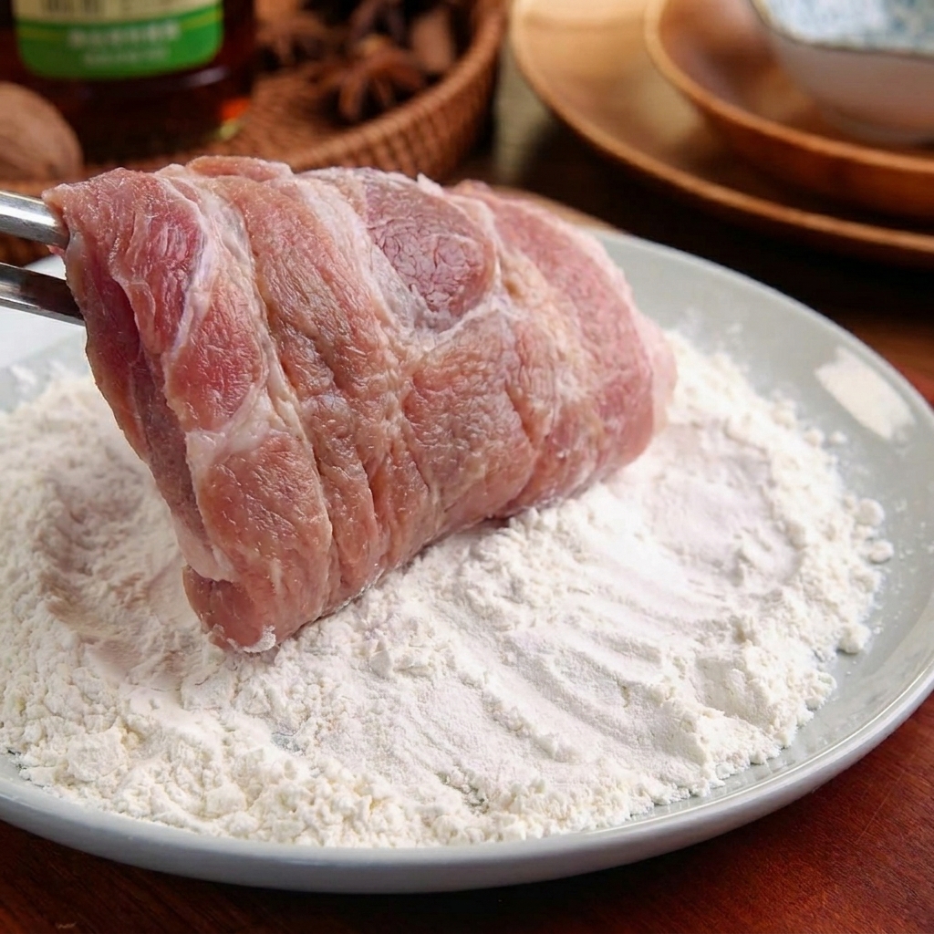 A slice of pork being held with tongs and coated in a pile of white flour on a light-colored plate.