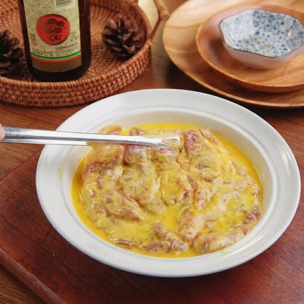 The floured pork slice being dipped into a bowl of bright yellow whisked egg wash.