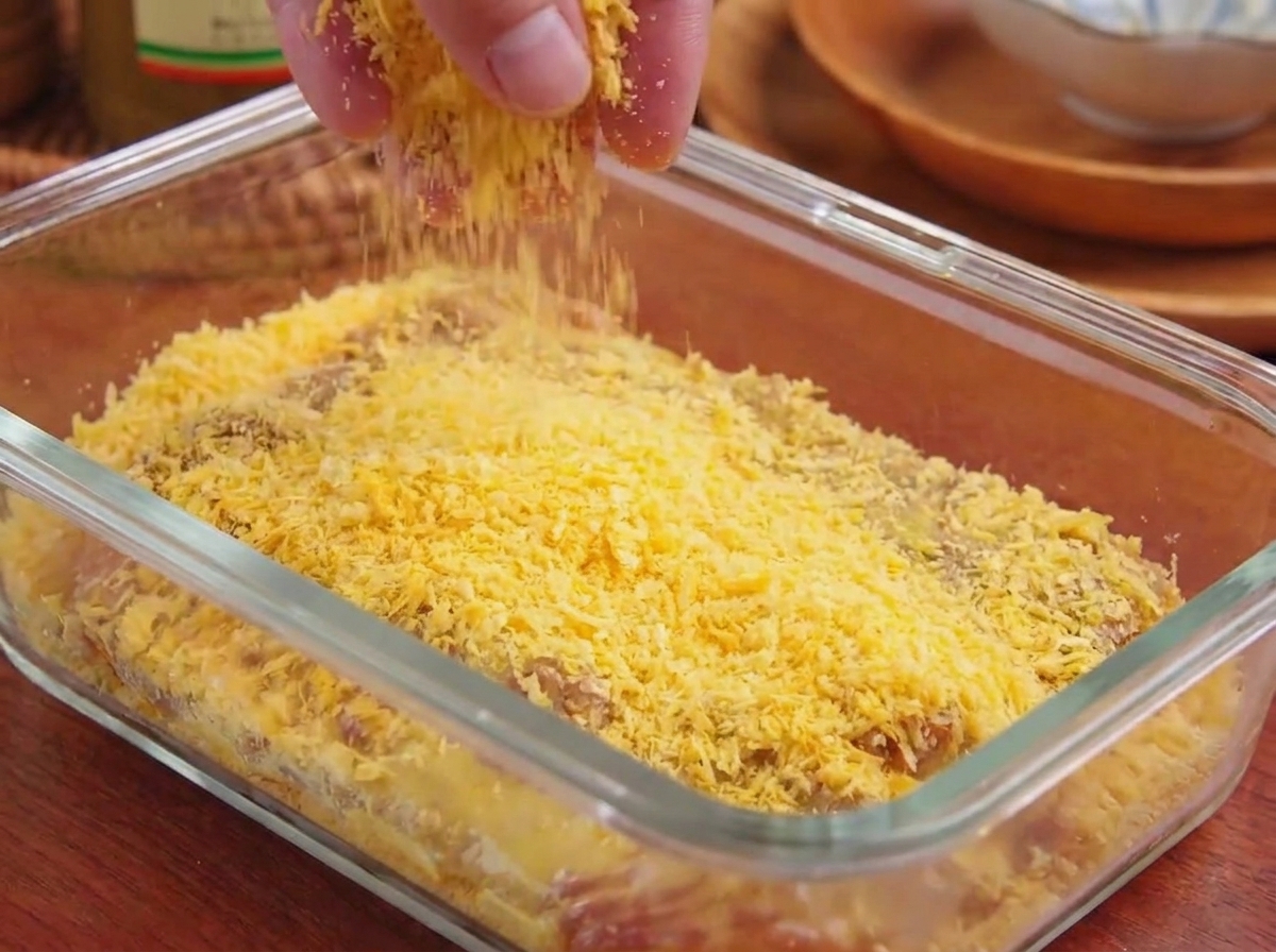 Yellow panko breadcrumbs being sprinkled and pressed over the surface of a pork cutlet in a glass dish.