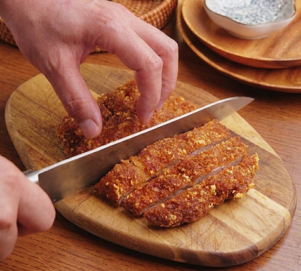 A persons hands using a large knife to slice a crispy, golden-brown fried pork tonkatsu into strips on a wooden cutting board.