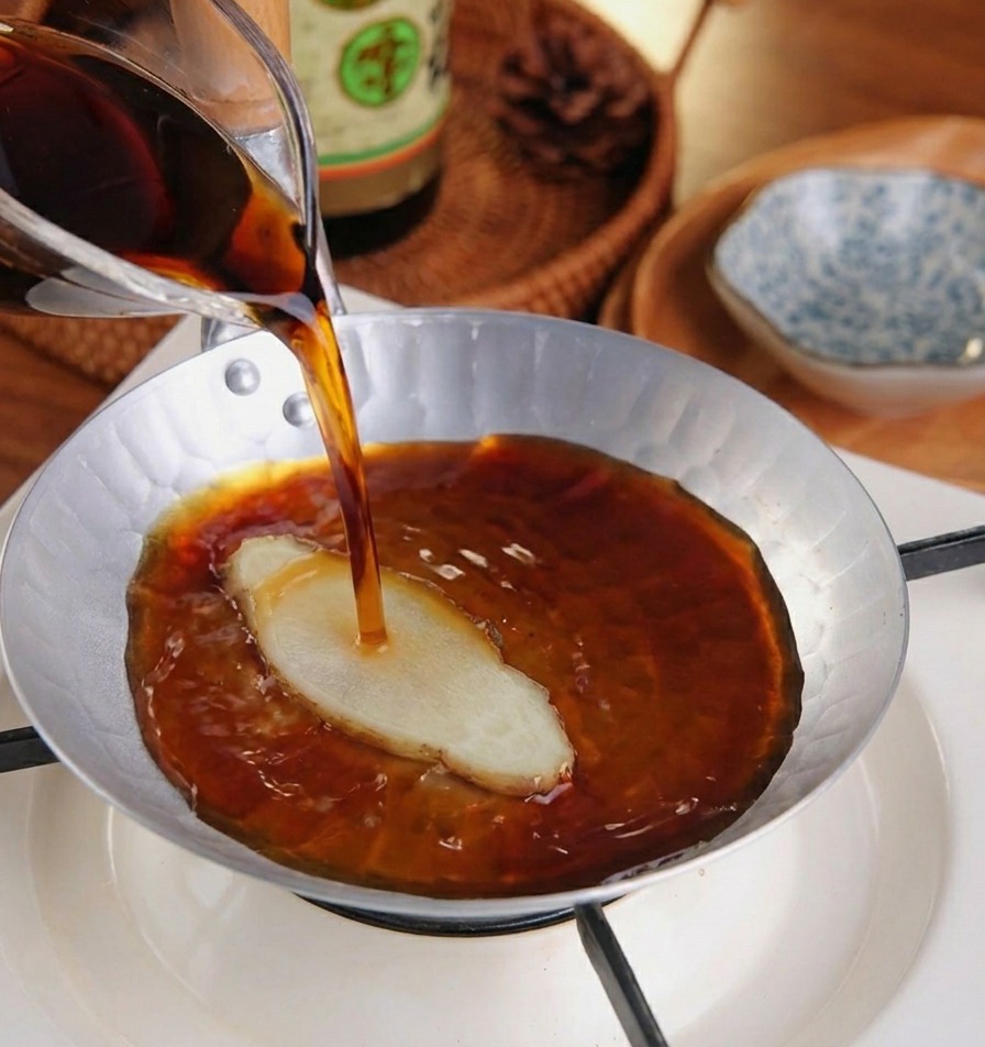A dark, savory liquid seasoning sauce being poured from a glass jug into a small silver pan containing a slice of fresh ginger.