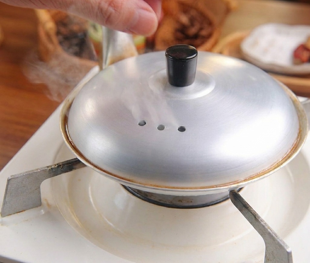 A hand placing a silver lid with vent holes over a small pan to steam eggs and pork over a portable burner.