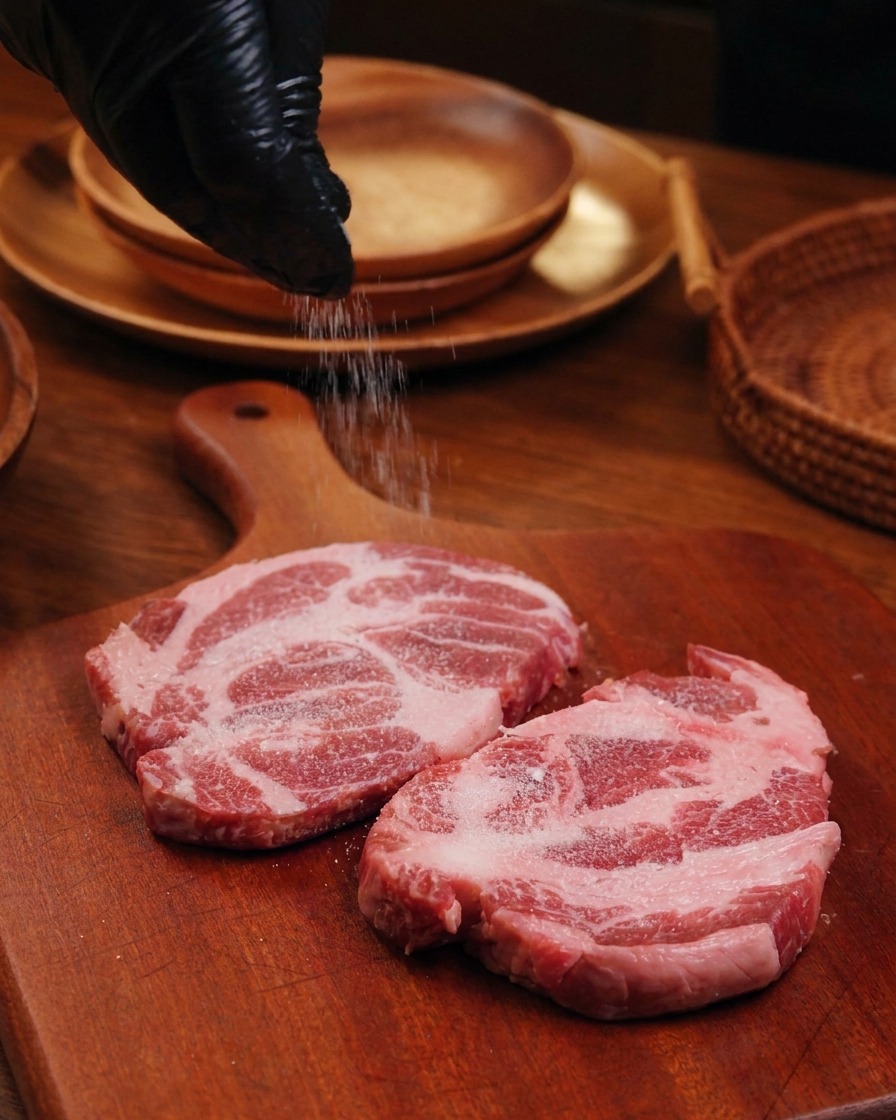 Salt being sprinkled from a height onto two pieces of raw pork collar resting on a wooden paddle board.