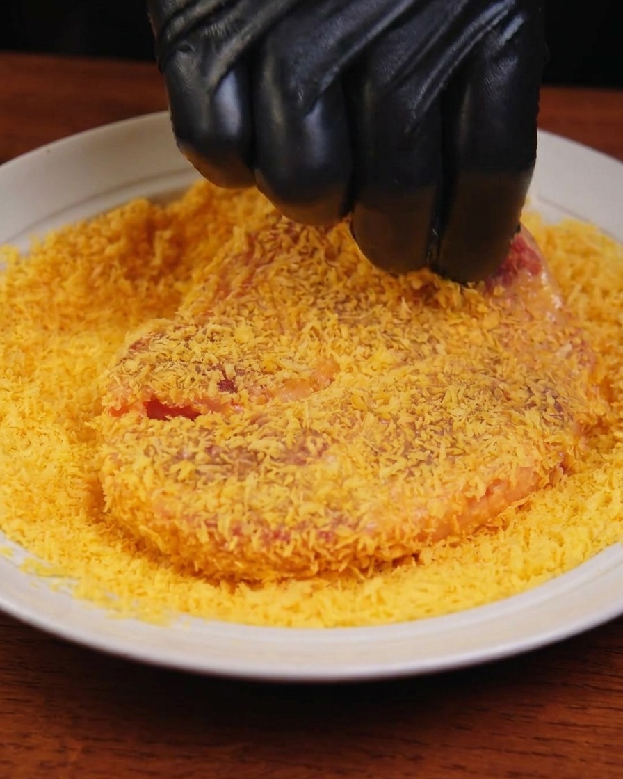 A hand pressing a piece of pork into a deep bed of yellow panko breadcrumbs in a white plate.