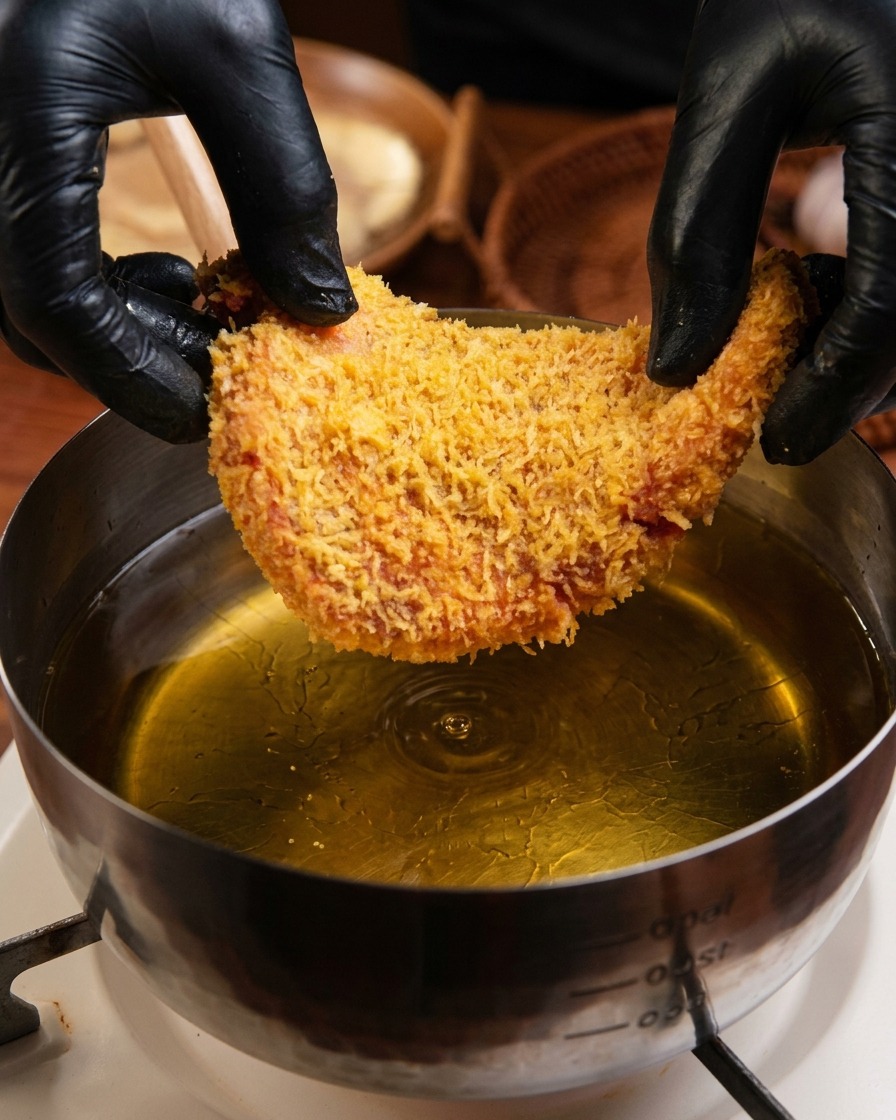 A gloved hand gently placing a panko-breaded pork cutlet into a stainless steel pot of hot, shimmering oil.