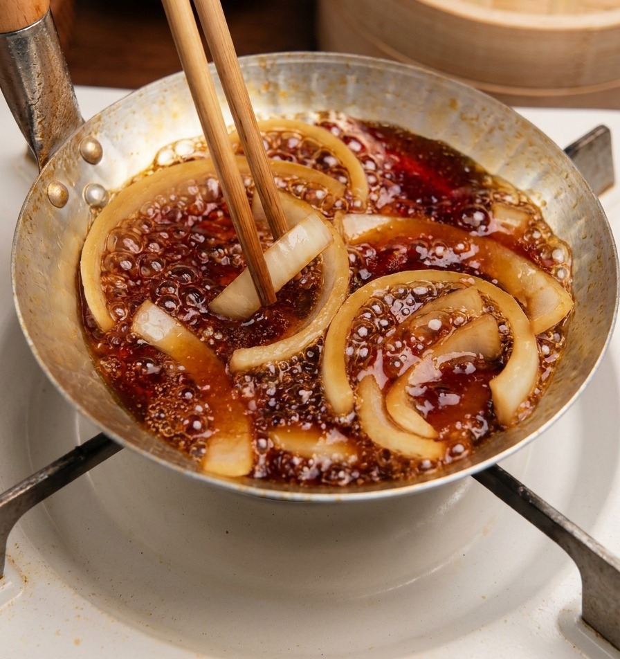 Sliced white onions being added with wooden chopsticks to a bubbling dark brown savory sauce in a small hammered metal pan.