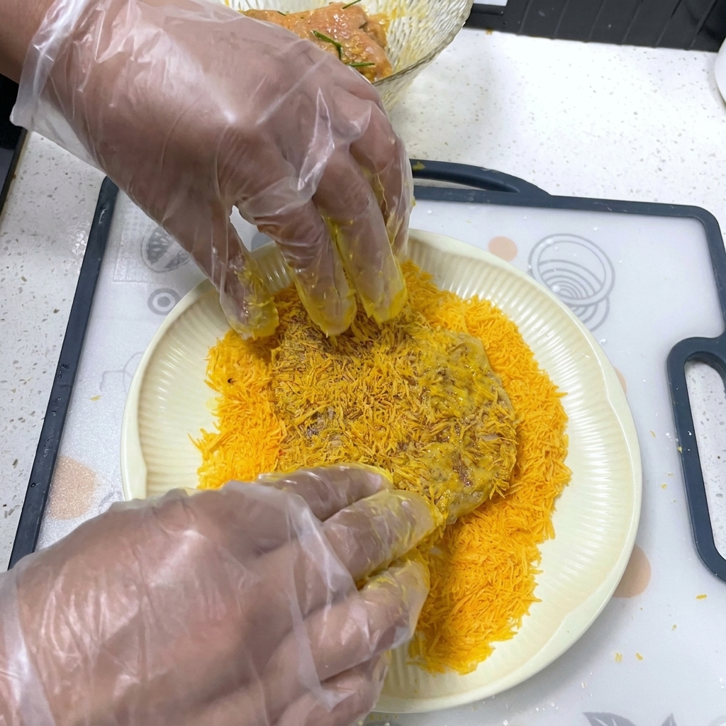 Gloved hands pressing a piece of pork loin into a bed of bright yellow breadcrumbs on a white plate.