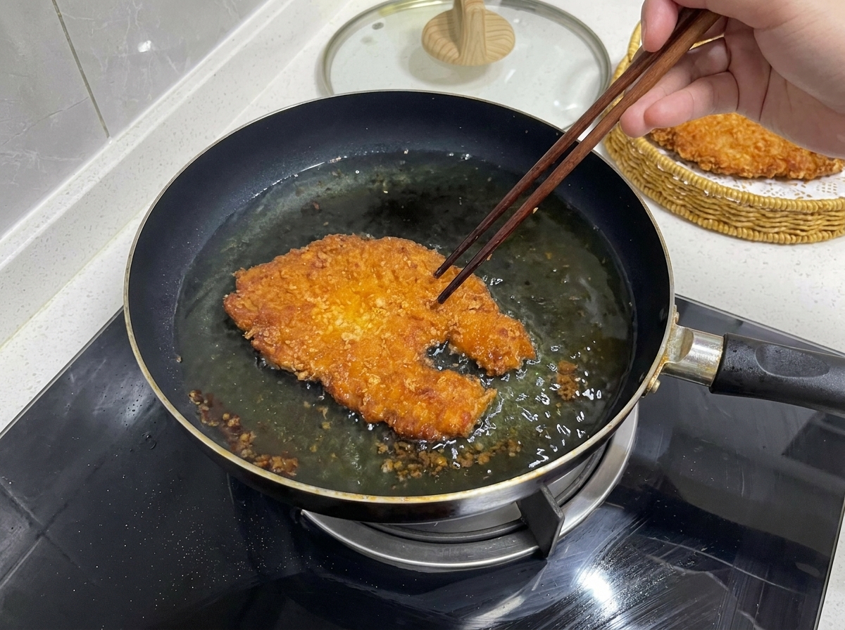Wooden chopsticks holding a deep golden brown fried pork cutlet in a pan of bubbling hot oil