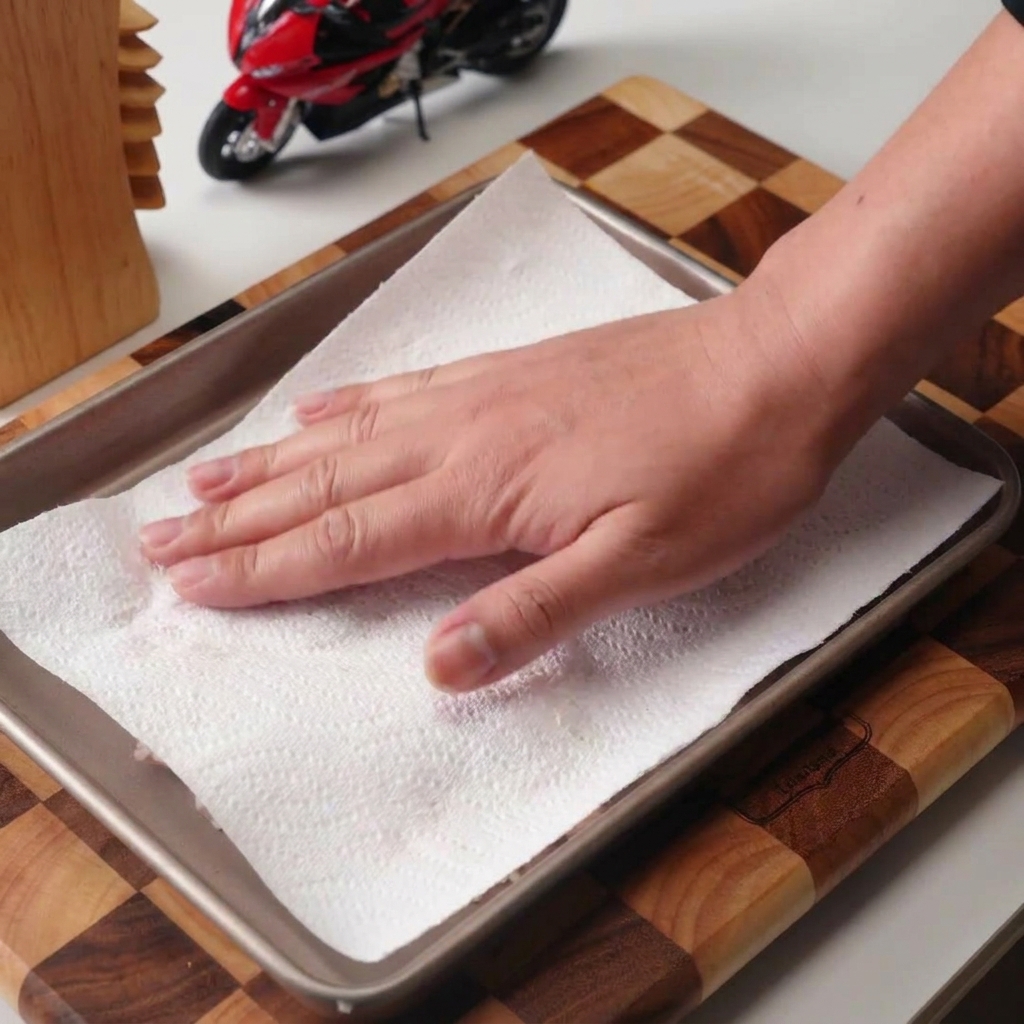 A persons hand pressing a white paper towel onto raw chicken thighs laid out on a silver baking sheet to dry them.