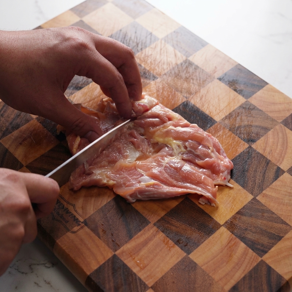 A close-up shot of a chef using a knife to make shallow diagonal cuts on the pink flesh of a raw chicken thigh on a wooden board.