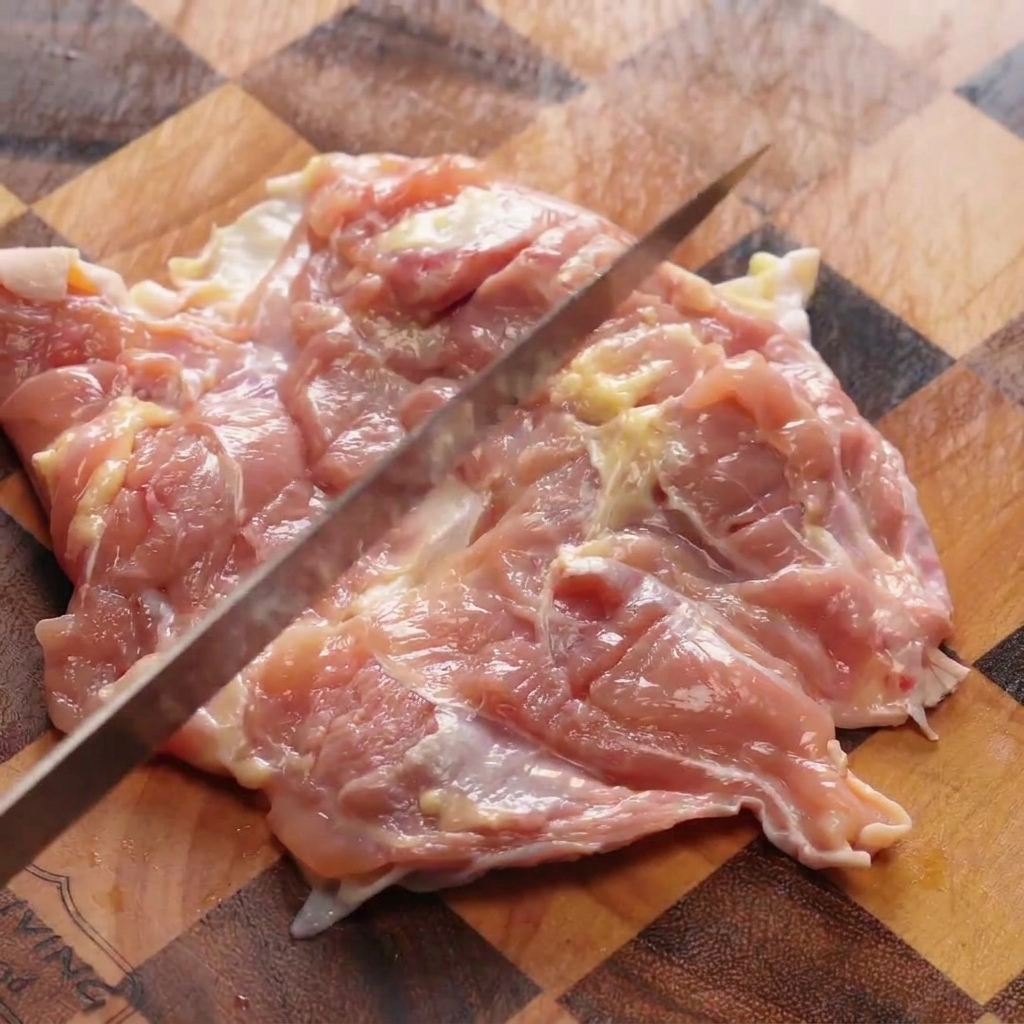 The back of a kitchen knife being used to strike and flatten a raw chicken thigh on a checkered wooden cutting board.