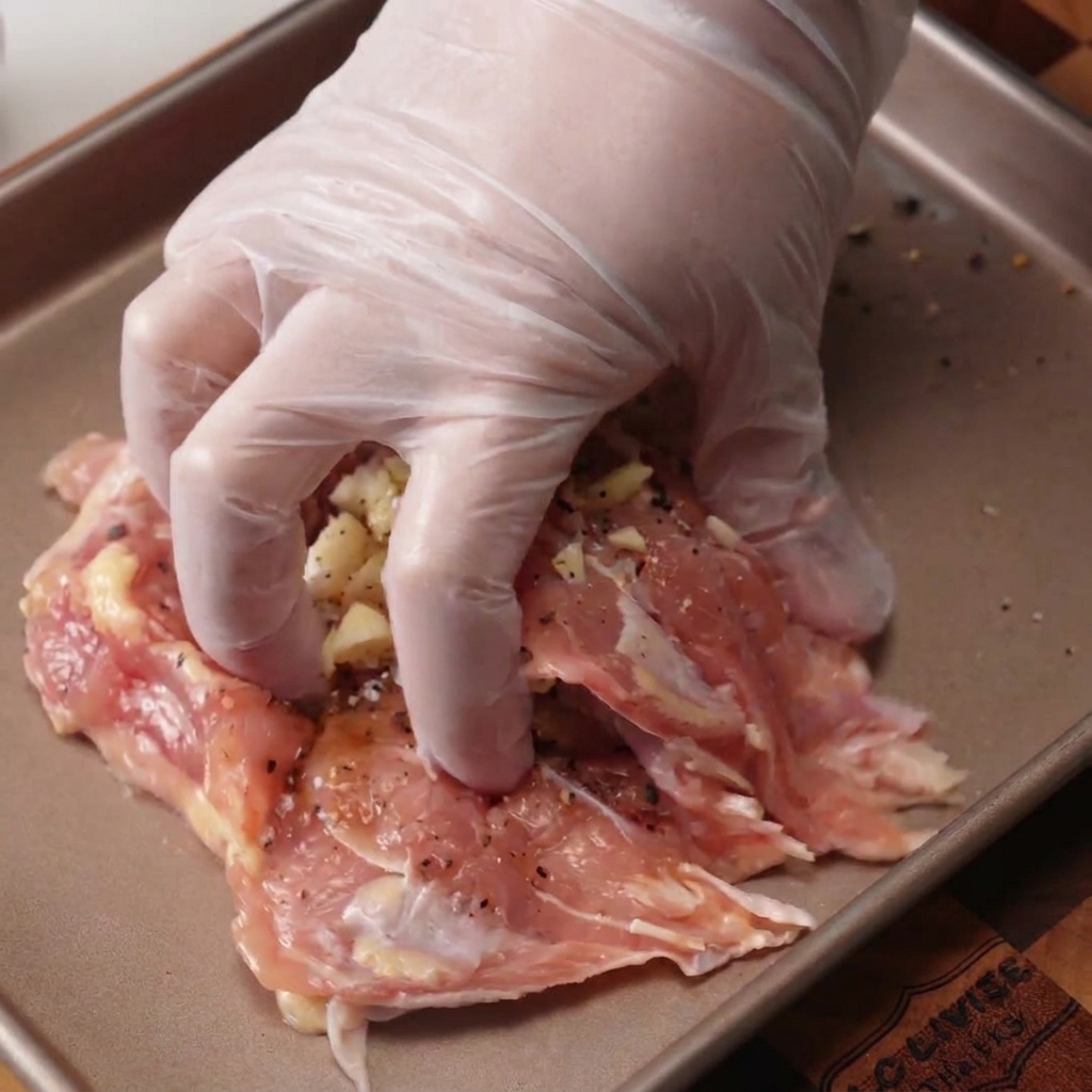 A hand wearing a clear plastic glove massaging minced garlic and black pepper into raw chicken thighs in a metal baking tray.
