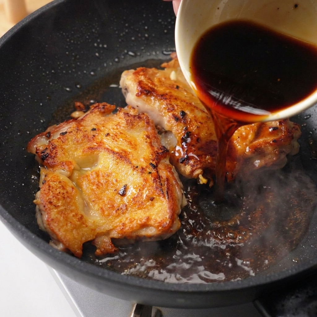Dark brown sauce being poured from a white ceramic bowl onto two pan-fried chicken thighs in a black skillet.