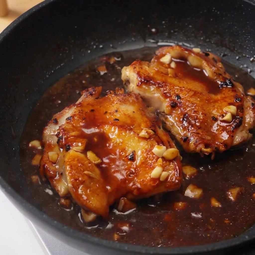 Two glazed chicken thighs in a pan being basted with a dark, glossy sauce containing bits of garlic.