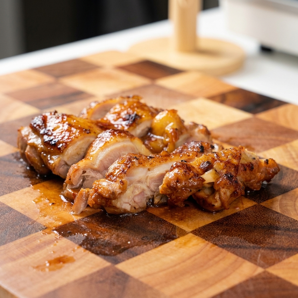 A cooked, teriyaki-glazed chicken thigh cut into thick slices on a checkered wooden cutting board.