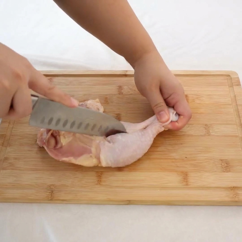 Hands using a sharp knife to carefully remove the central bone from a raw chicken thigh on a cutting board.