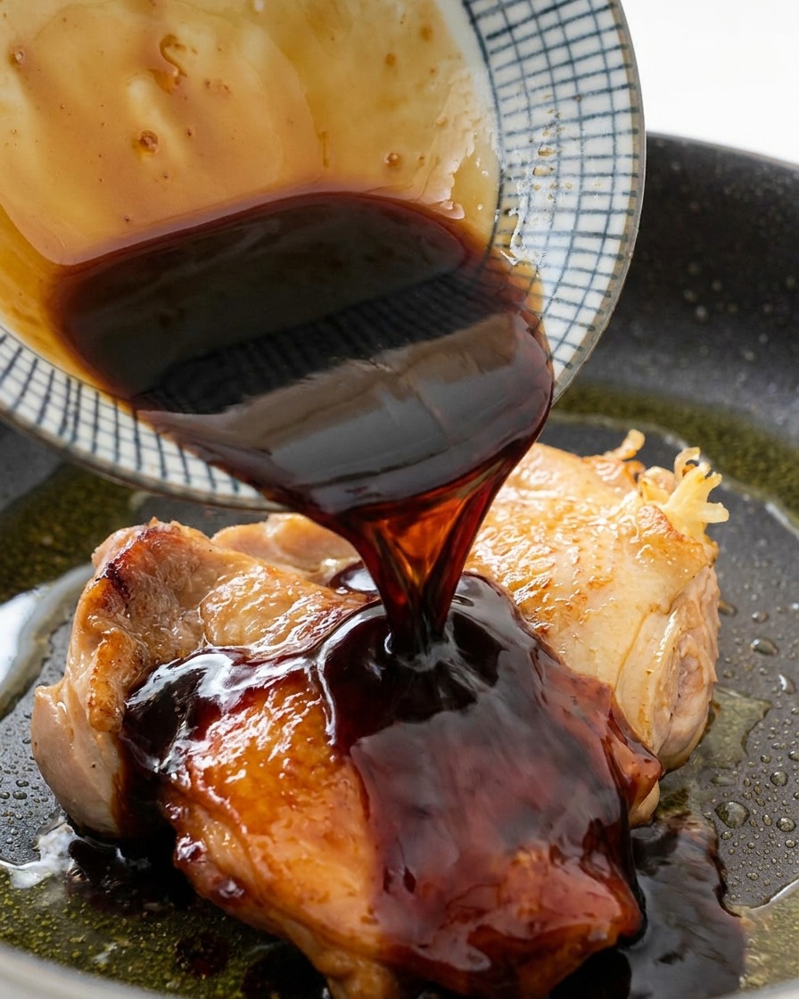 A dark, glossy honey glaze being poured from a patterned ceramic bowl onto seared chicken thighs in a pan.