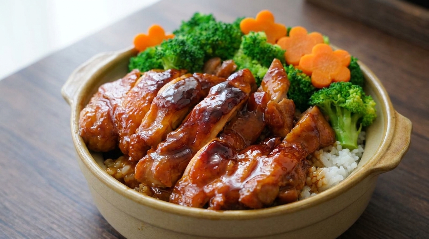 Golden honey-glazed chicken slices served with fluffy white rice, steamed broccoli, and decorative carrot flowers.