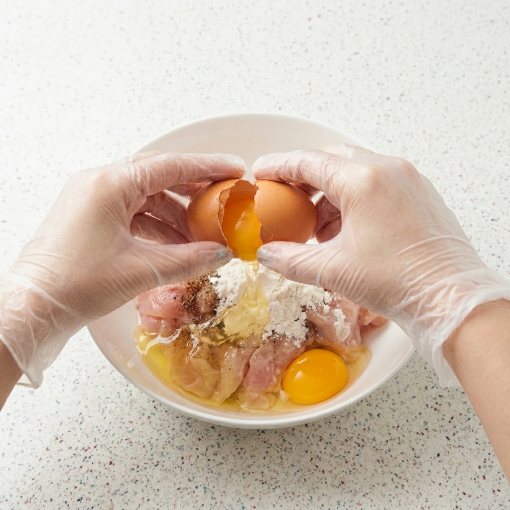 Two gloved hands cracking a brown egg into a white bowl containing raw chicken fillets, white cornstarch, and black pepper.