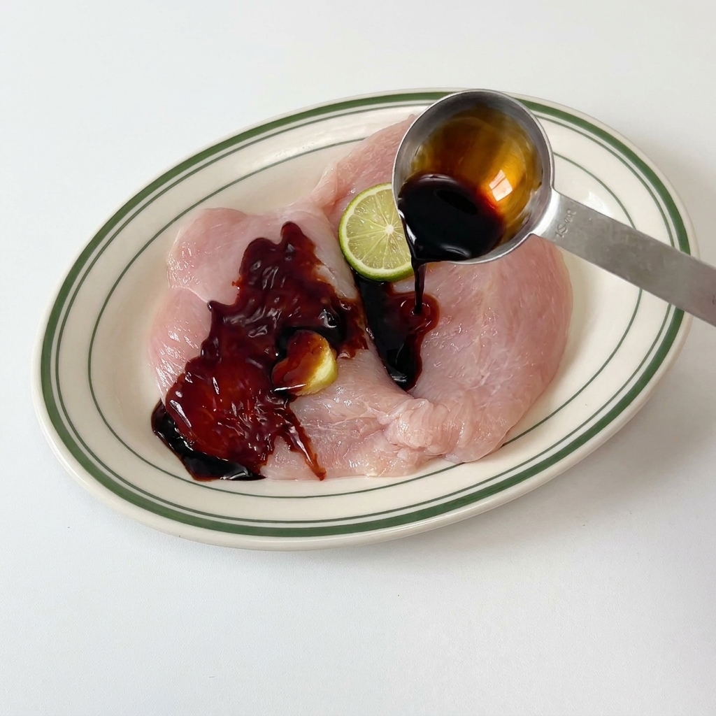 A metal spoon pouring dark soy sauce over raw chicken slices seasoned with ginger and pepper on a white and green rimmed plate.