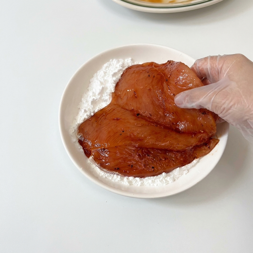 A gloved hand pressing a dark, marinated chicken breast into a shallow white plate filled with white starch powder.