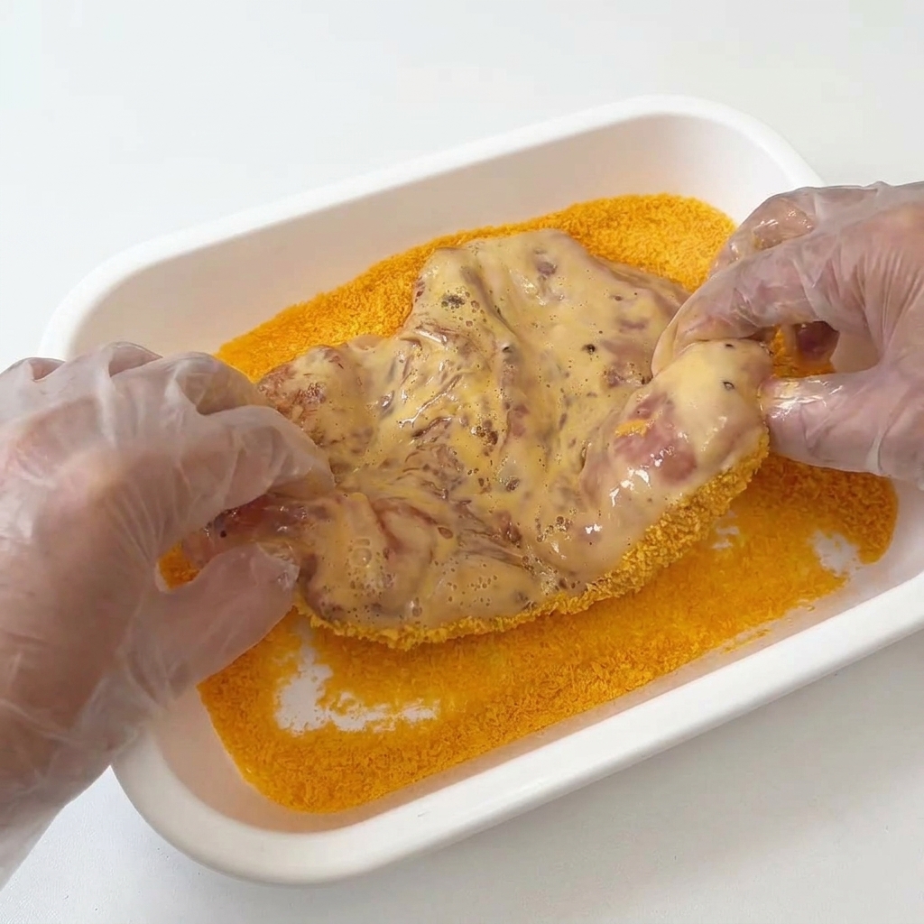 Gloved hands firmly pressing a wet, egg-coated chicken breast into a bed of bright orange-yellow breadcrumbs in a rectangular dish.