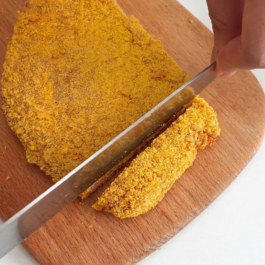 A hand using a knife to cut a large, golden-brown breaded chicken cutlet into thick strips on a wooden board.