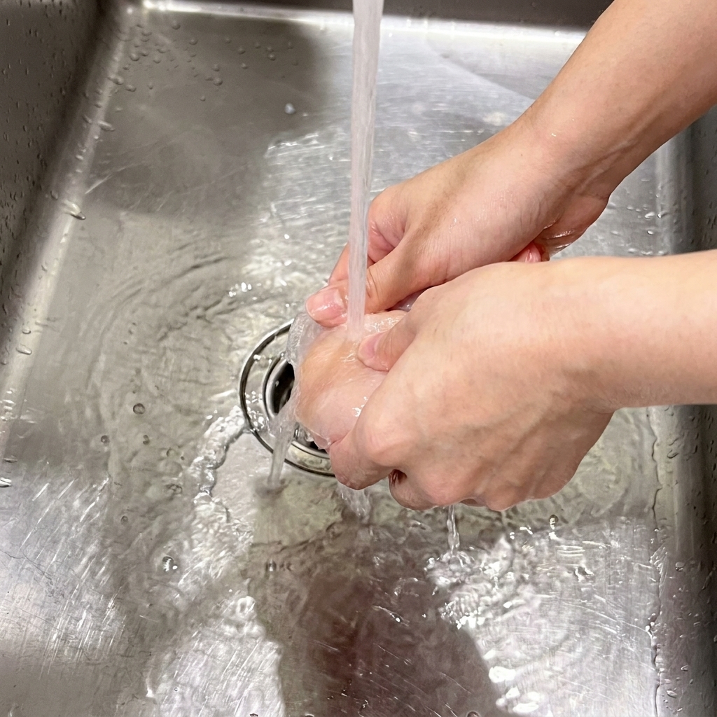 Hands holding a raw chicken breast under a steady stream of water from a kitchen faucet over a stainless steel sink.