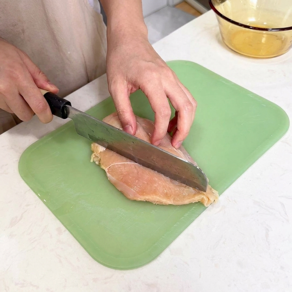 A kitchen knife slicing horizontally through the side of a raw chicken breast resting on a green mat to create a butterfly cut.