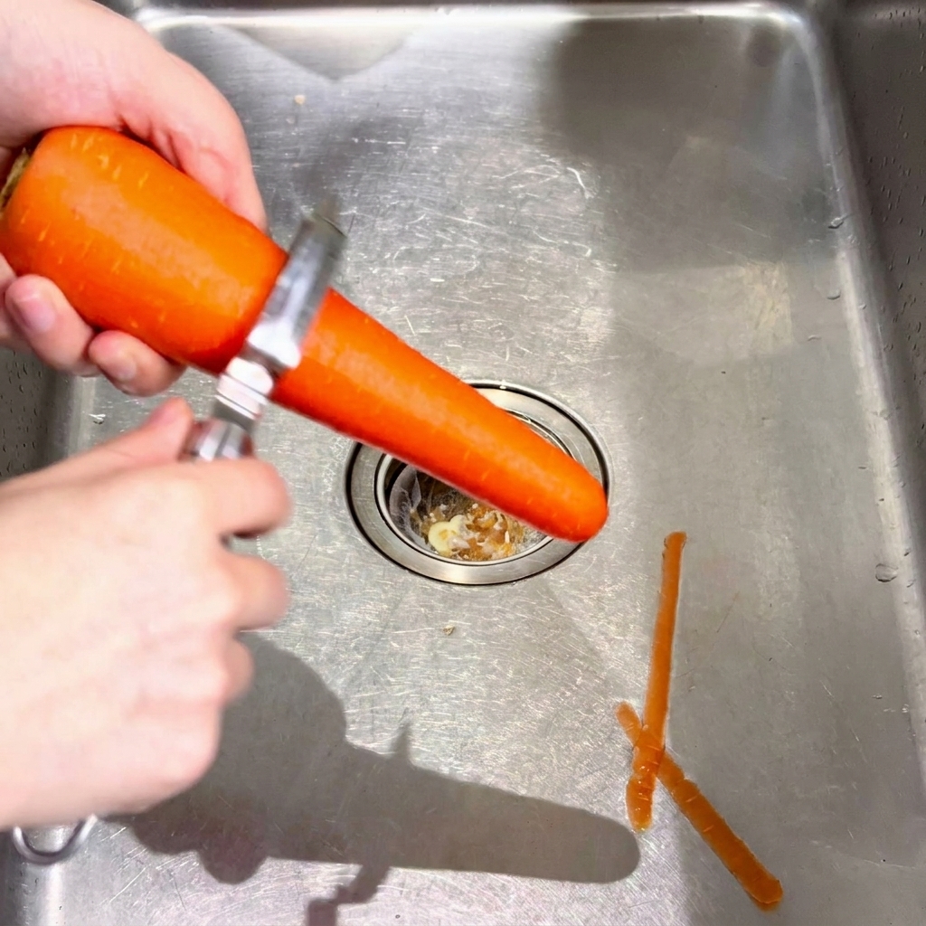 Hands holding a large orange carrot and a metal peeler over a stainless steel kitchen sink, with a few strips of peel already removed.