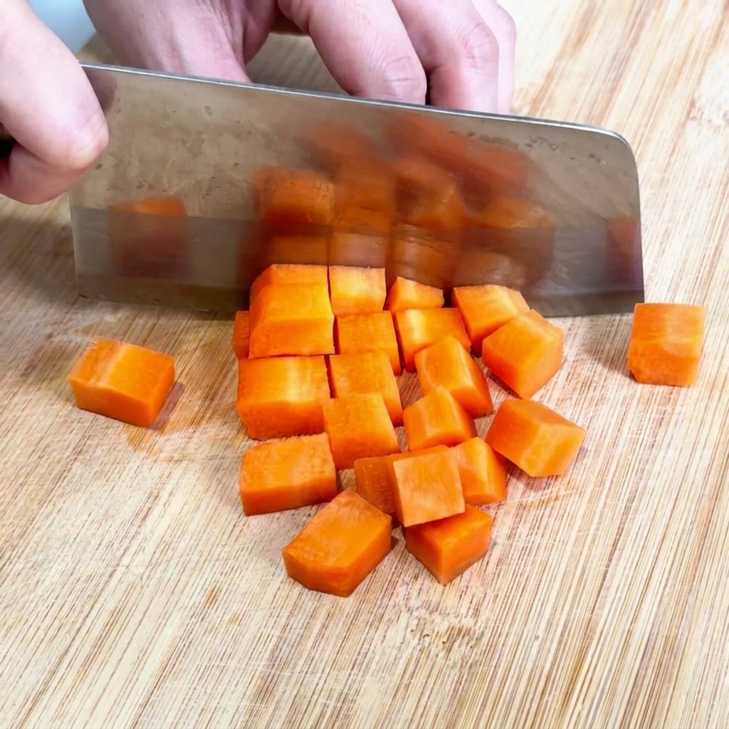 A chefs knife dicing a bright orange carrot into small, neat cubes on a wooden cutting board.