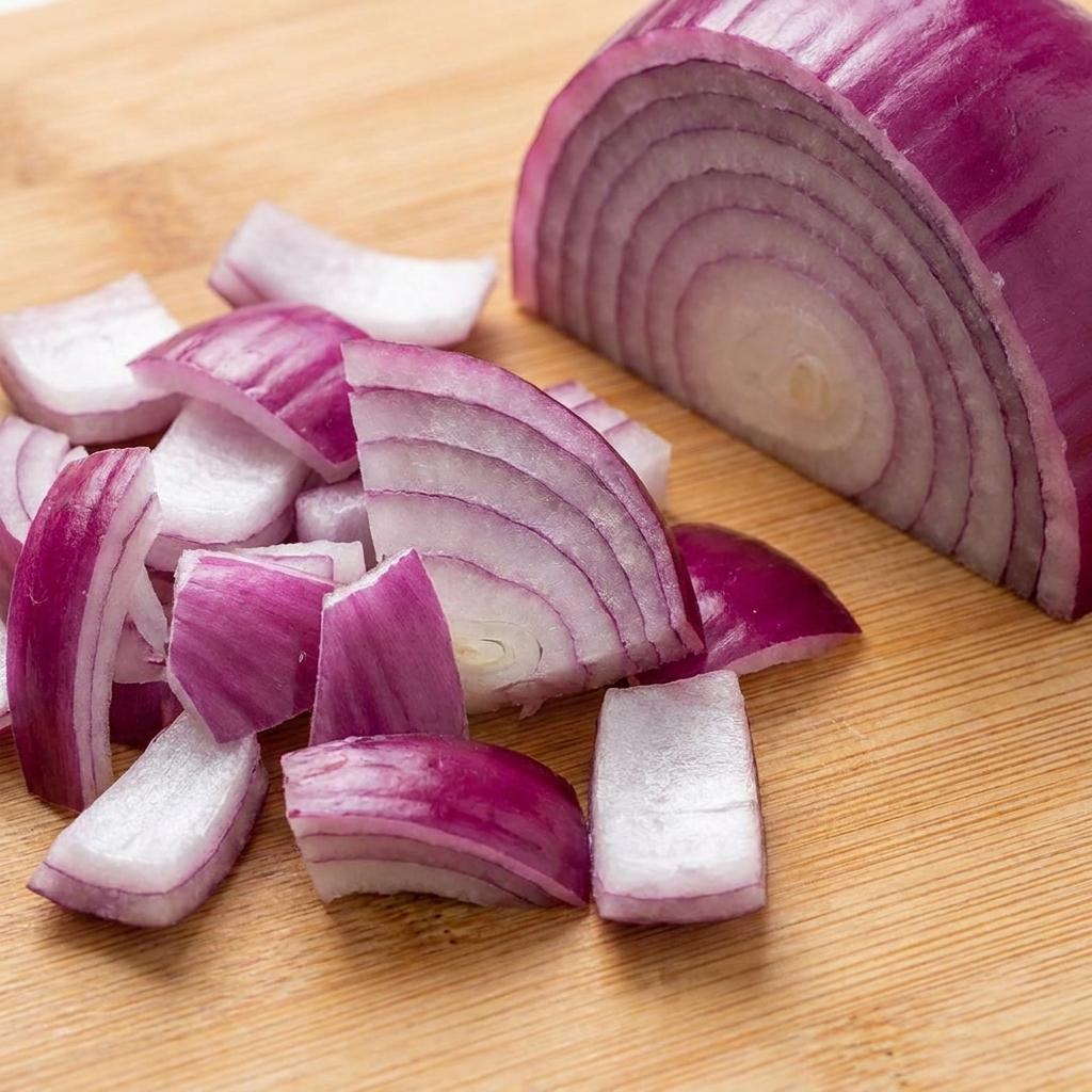 A half-cut red onion sitting on a wooden board next to a pile of freshly diced purple onion pieces.