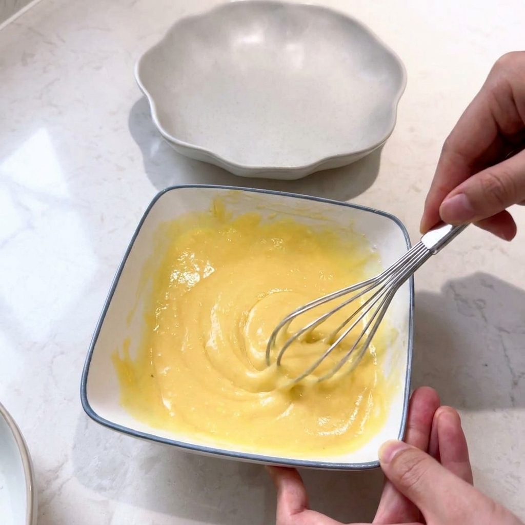 A metal whisk mixing a bright yellow egg and flour batter in a square white ceramic bowl.