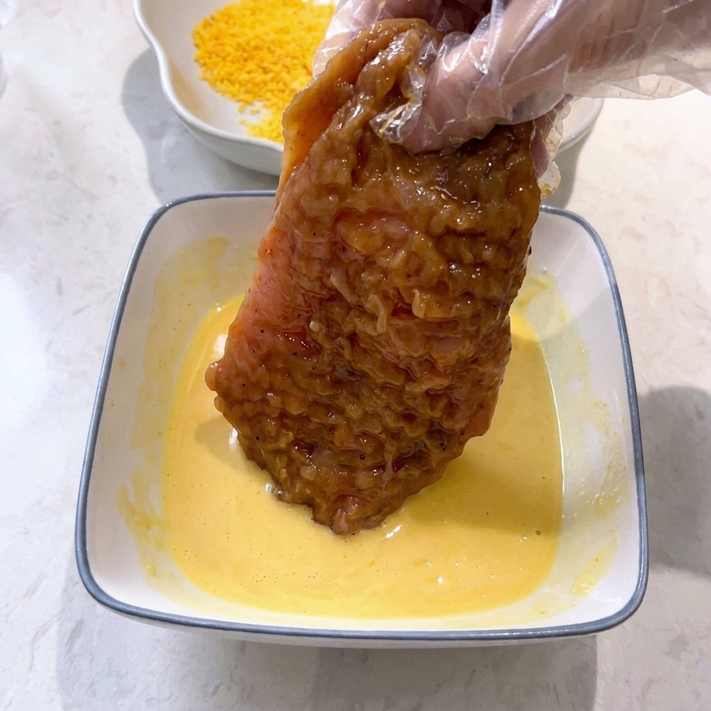 A person wearing a plastic glove dipping a piece of marinated chicken into a bowl of smooth yellow batter.