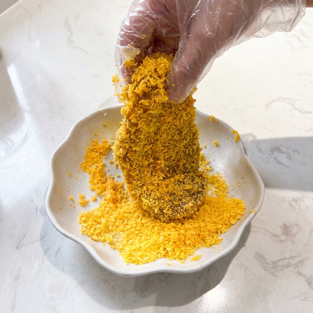 A hand in a clear glove pressing a battered chicken breast into a pile of bright orange-yellow breadcrumbs.